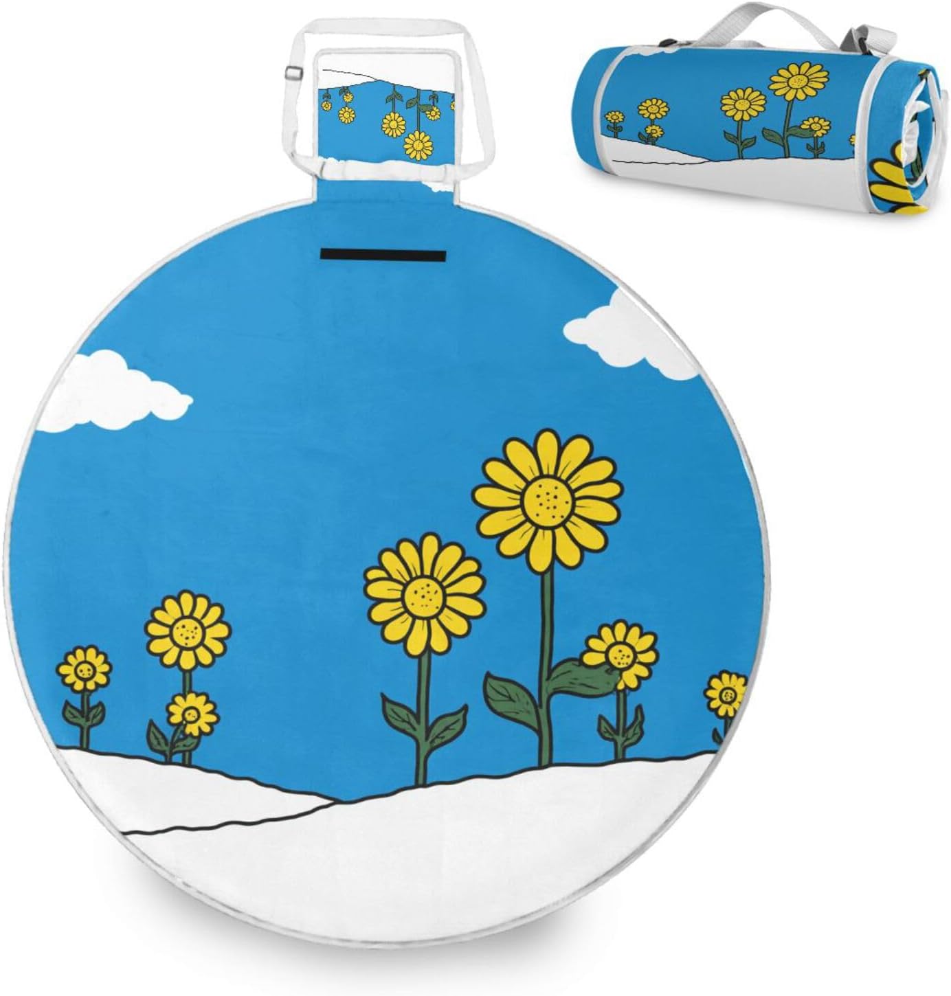 Round Picnic Blanket - Fits 2 Adults, Summer Accessories Cute Foldable Picnic Blanket Dual Layer, Sand-Free, Soft Throw Rug 58 in (Lazy Snow Hawkeye Sunflower)