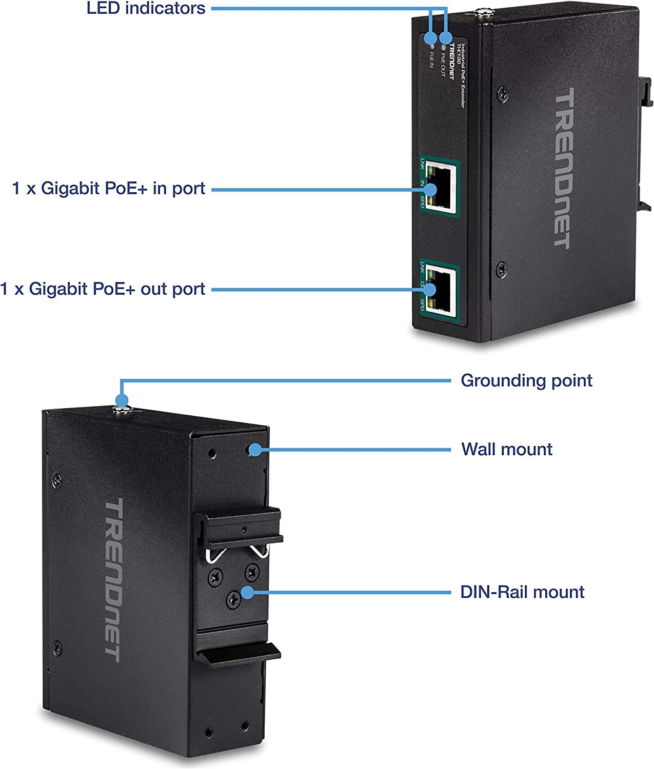 TRENDnet Industrial Gigabit PoE+ Extender, TI-E100, Single Port PoE, Power Over Ethernet, Supports PoE (15.4W) and PoE+ (30W), Extends 100m, Cascade 2 Units for Distance Up to 300m (984 ft.), IP30