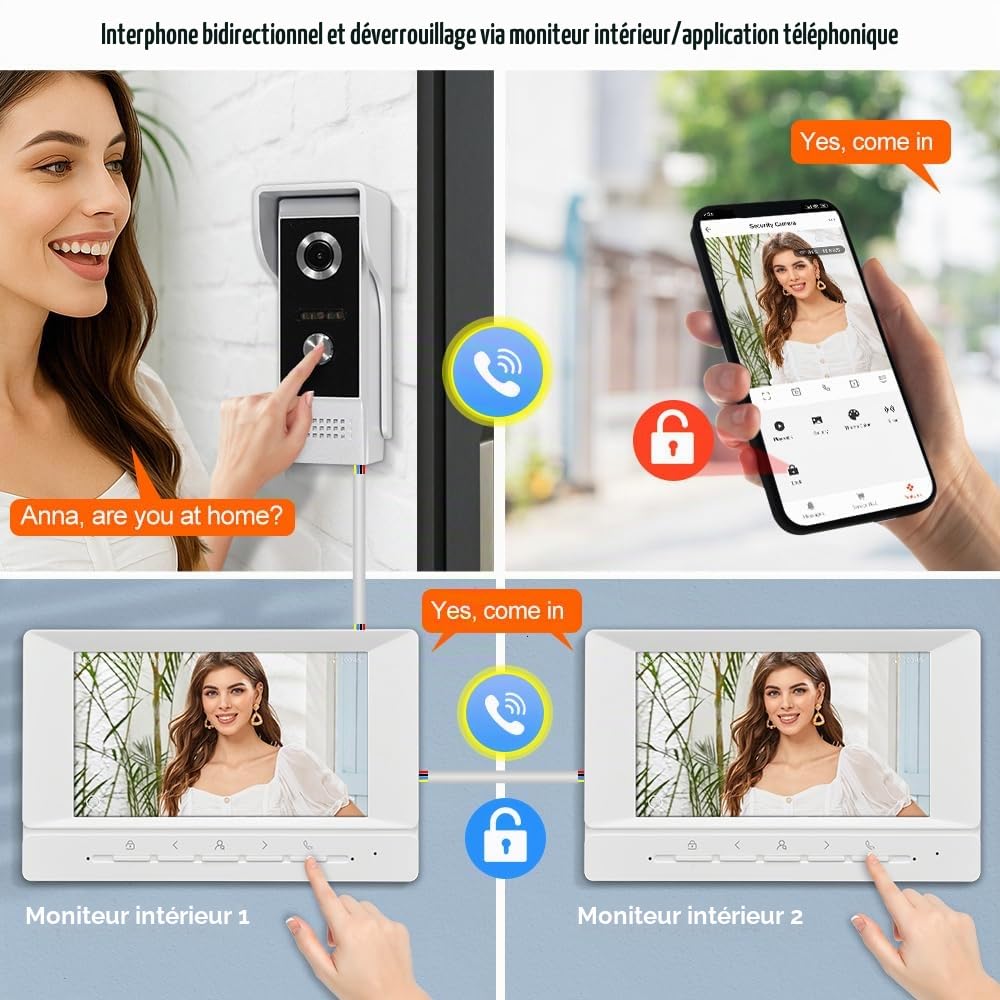 Téléphone de Porte Vidéo du Système d'intercom WiFi 1080P HD Sonnerie Vidéo de Caméra avec 2 Moniteurs 7 Pouces, Vision Nocturne IR, Audio Bidirectionnel, Enregistrement, APP Tuya