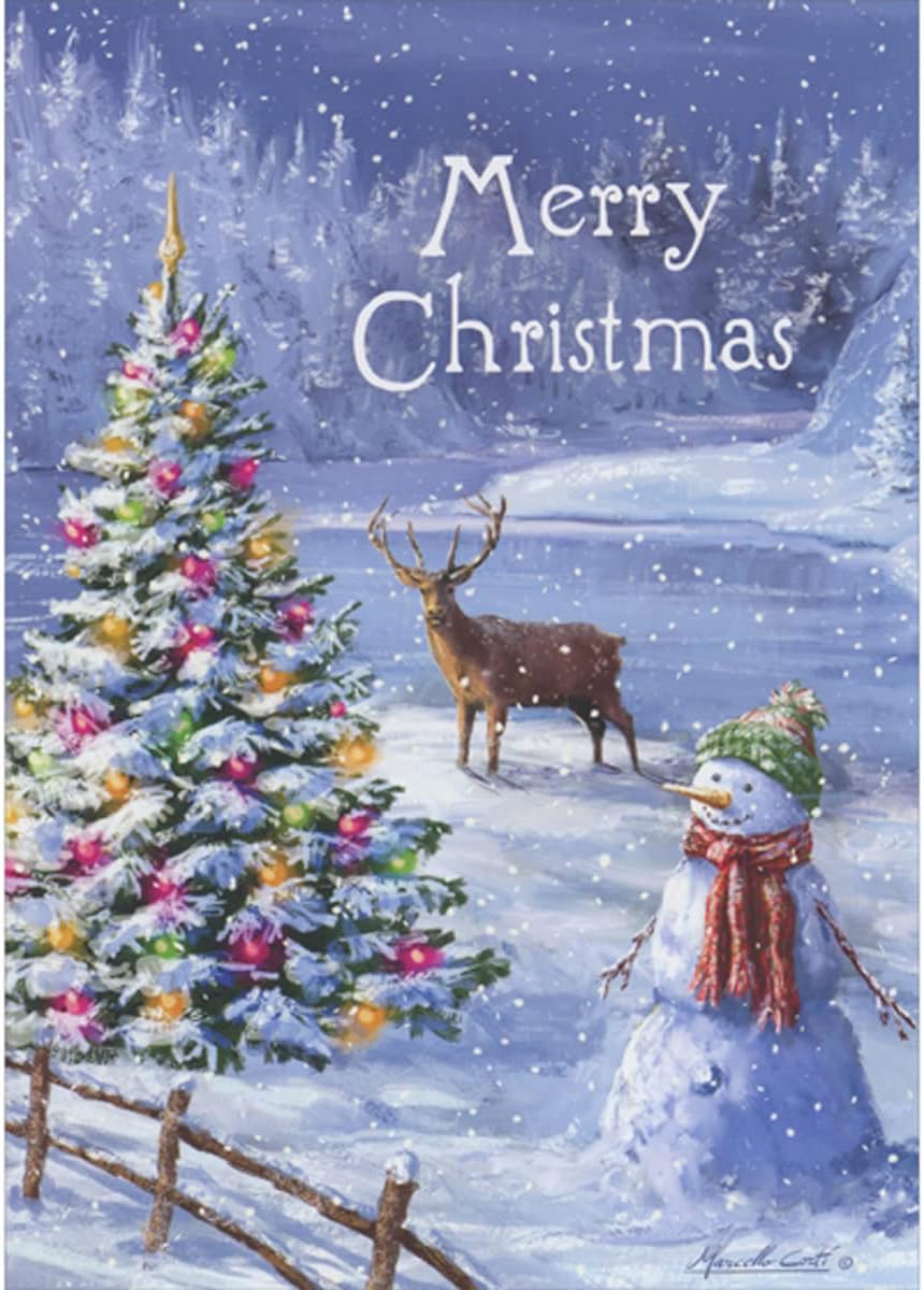 Decorated Evergreen Tree, Snowman and Deer in Wintery Country Setting Box of 16 Christmas Cards