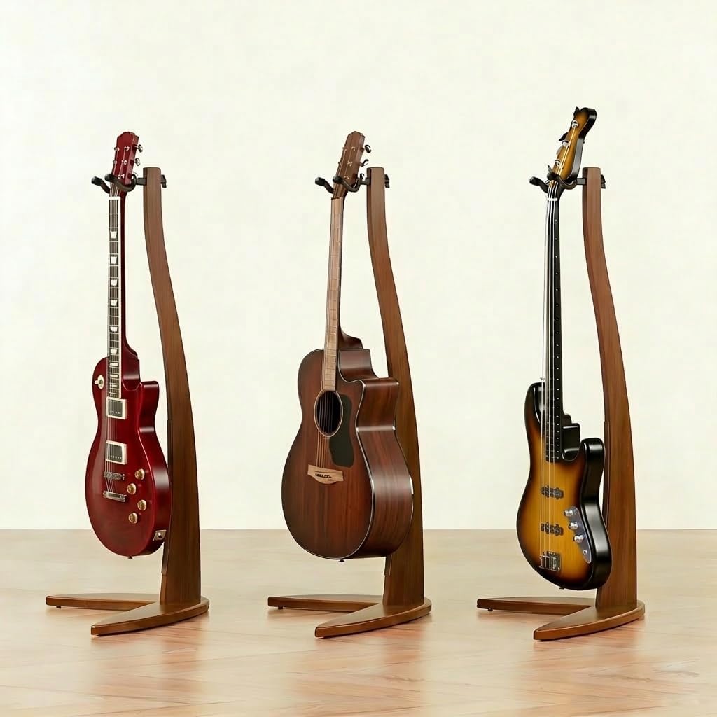 MUSO Guitar Bass Hanger Stand, Solid Wood Bow Holder Mermaid Shaped for Display and Storage, 42 inches Height Anti-scratched and Anti-bump, Deorate Studios, Living room and Stage (Sapele, 1)