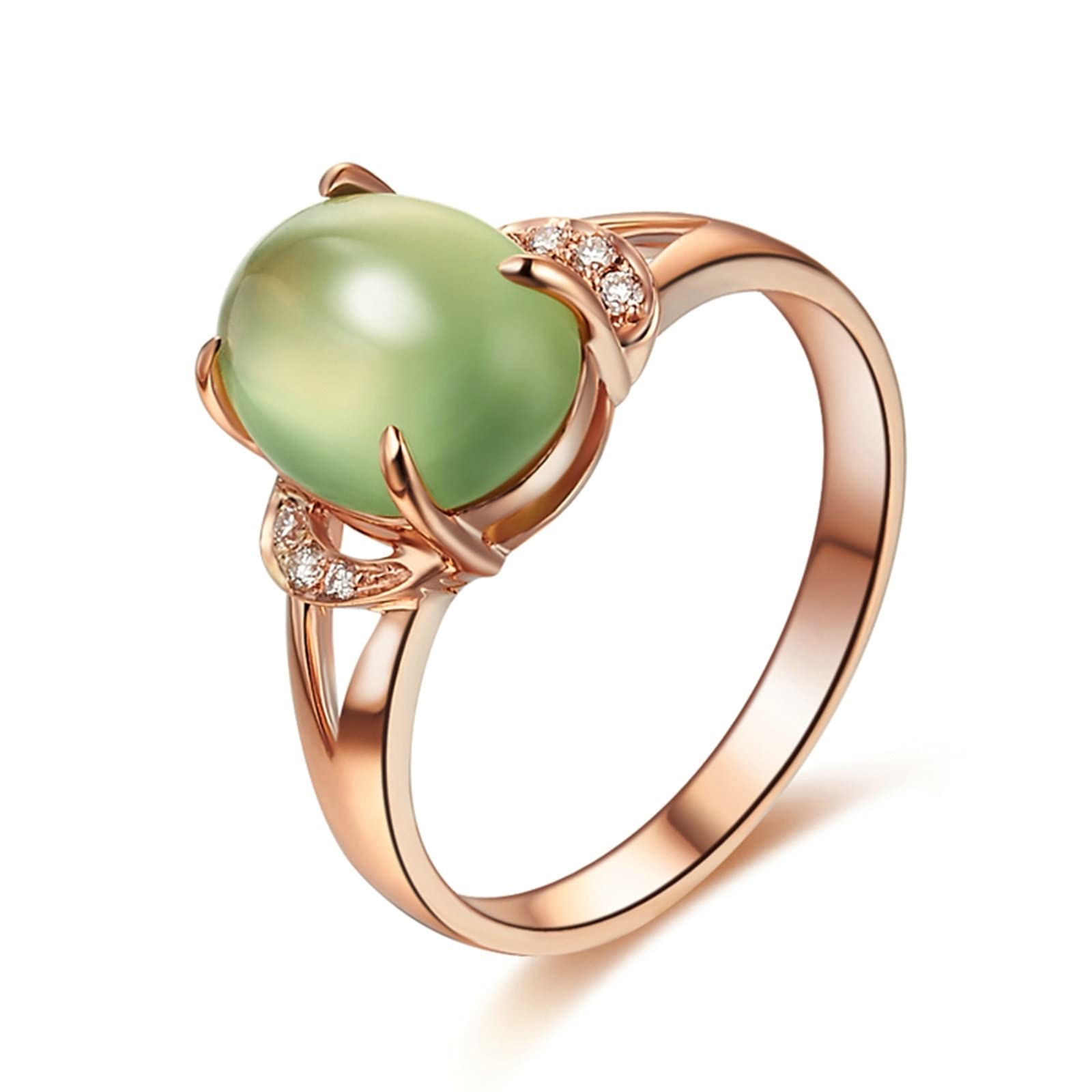 Anillo de oro rosa de 18 quilates, anillos gruesos de prehnita verde de 4 puntas, anillos ovalados de prehnita, regalo de propuesta de joyería para mujeres