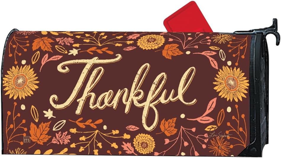 Studio M Decorative Fall Harvest Floral MailWrap Fits Standard Size 6.5 x 19 Inch Mailbox Weather Resistant Vinyl Brown Yellow Pink Thankful