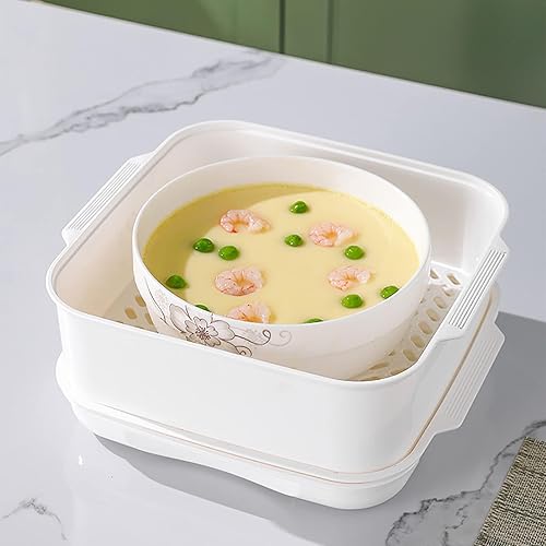 Miniatura 8 de Vaporizador de microondas con tapa y bandeja cuenco para microondas cesta de drenaje cuadrada grande plato de almacenamiento de verduras suministros