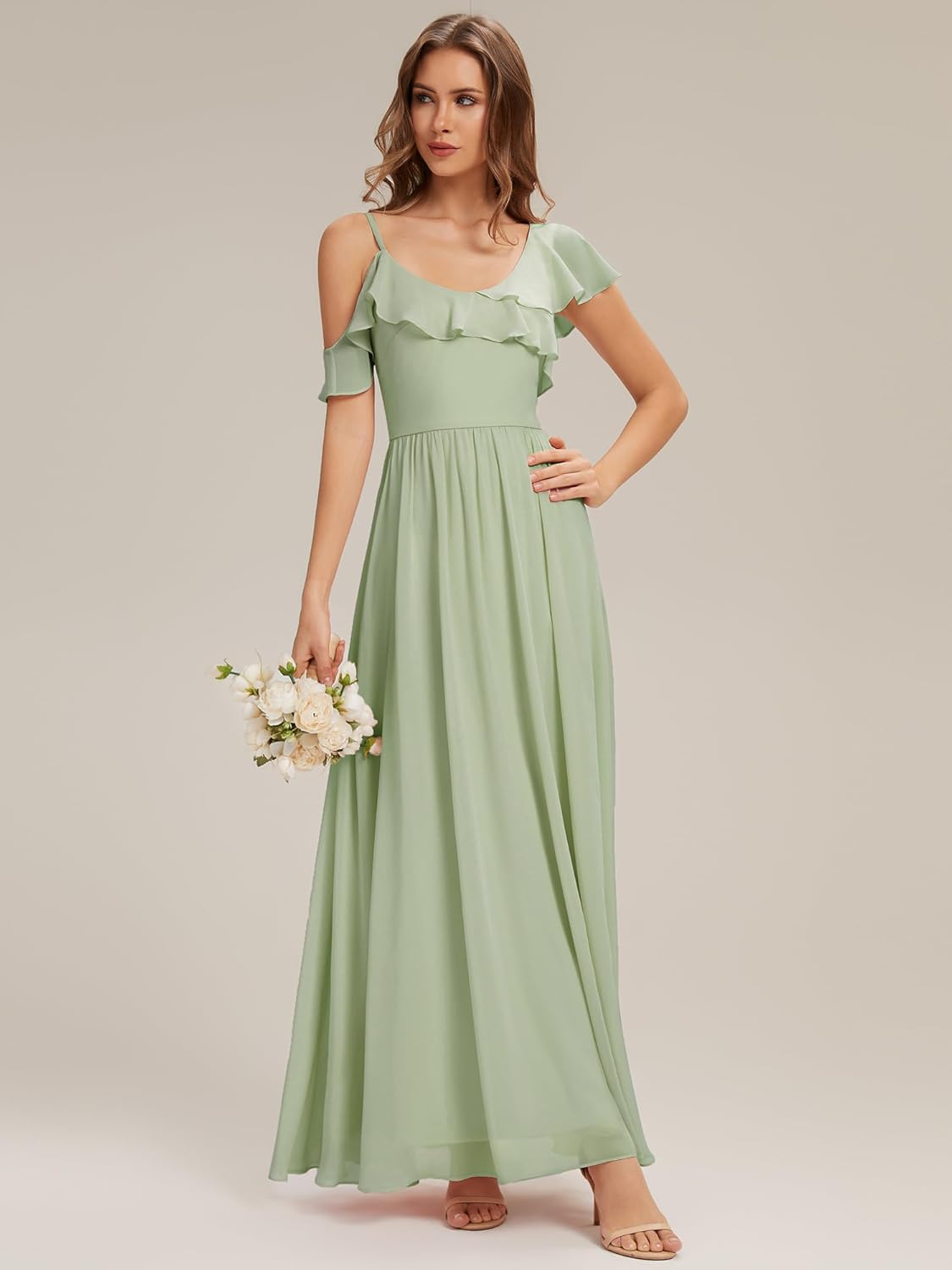 Ever-Pretty Women’s Chiffon Bridesmaid Dress V Neck Short Sleeves Ruffle A-Line Floor Length Formal Wedding Guest Dress 02709