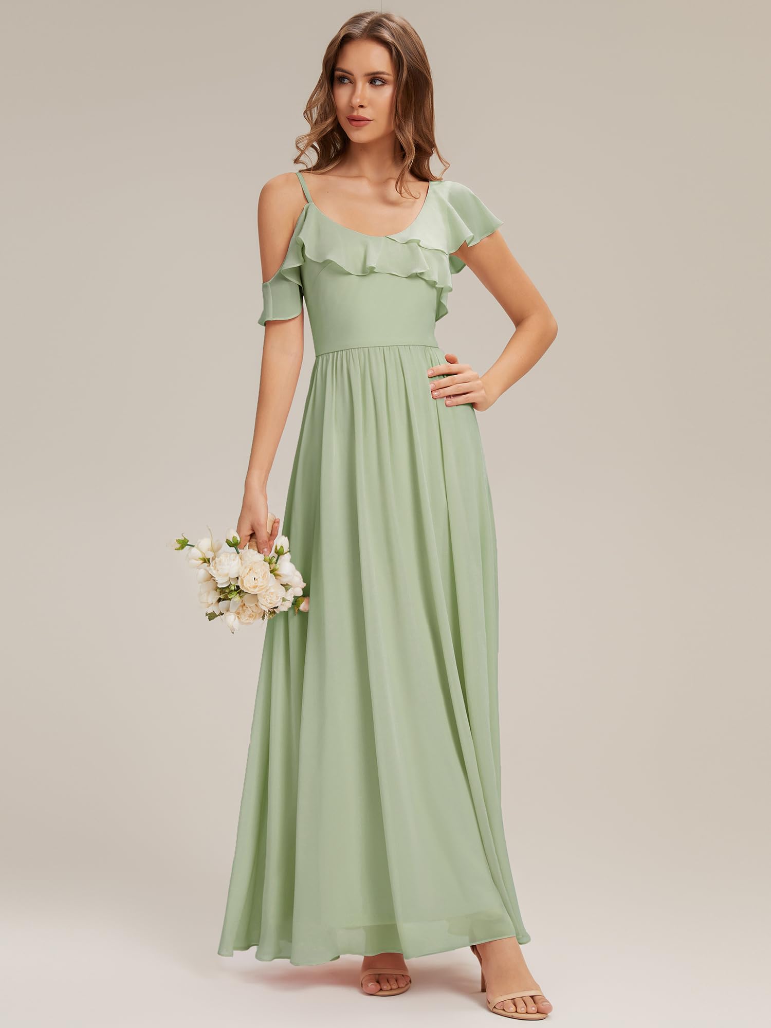 Ever-Pretty Abiti da Damigella Collo Asimmetrico Maniche Corte Chiffon Maxi Gonna Svasata ES02709