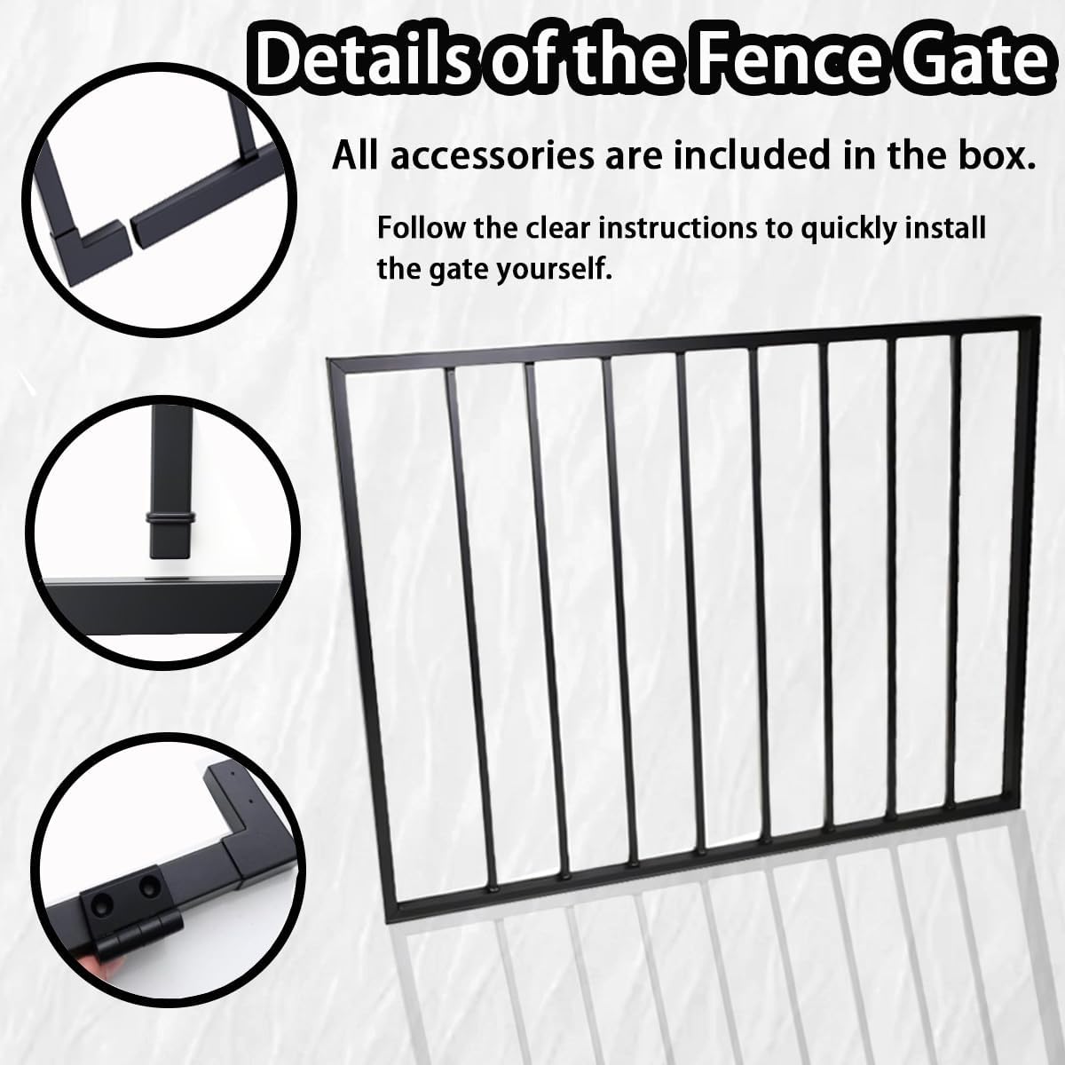 Fence Gate Kit Metal Outdoor Gate 38“ Height x 48” Length Black Fence Gate Suitable for Decks, Homes, Yards, Patios, Gardens, and DIY Projects (Includes Hinges and Latch)
