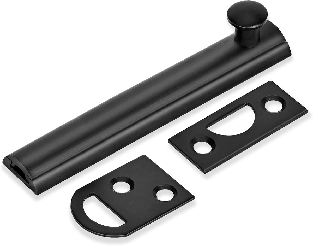 Perno de superficie de latón macizo de 4 pulgadas, cerradura de puerta negra mate, 1 paquete | Cerradura de puerta con perno deslizante de alta resistencia, Hardware con tornillos, pestillo deslizante de seguridad, Perno de puerta para la parte superior de puertas francesas, hogar y jardín