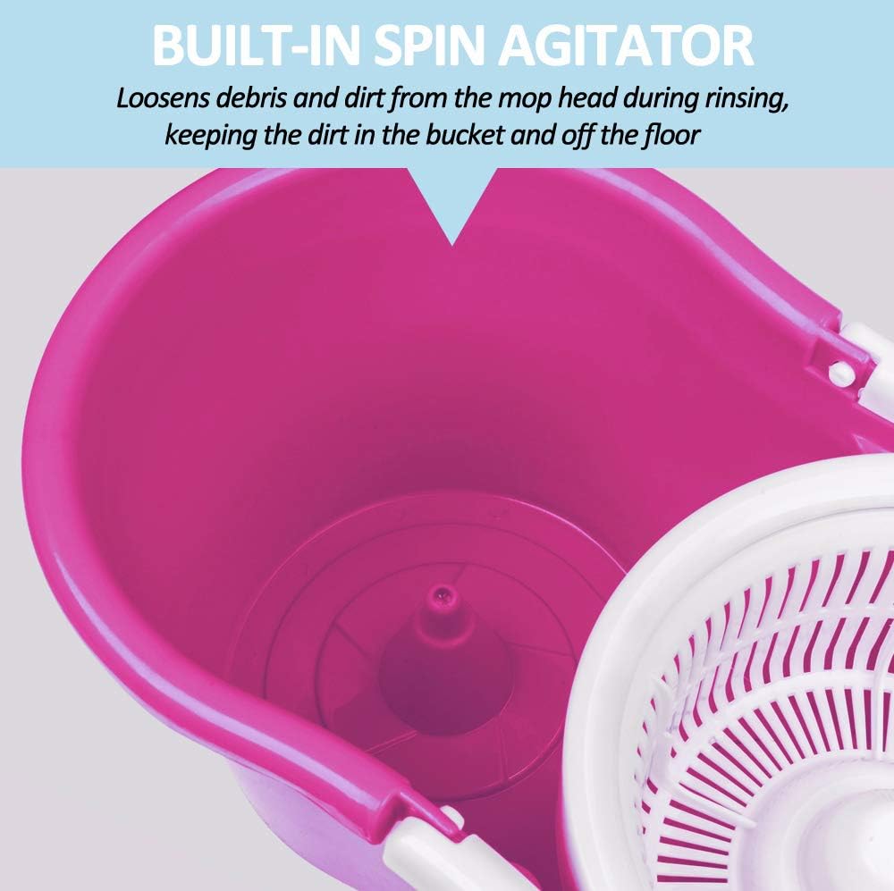 Valuebox Spin Bucket System Mop with Extended Length Handle 2 Microfiber Mop Heads 360°Rotation Easy Floor Mop (Pink)