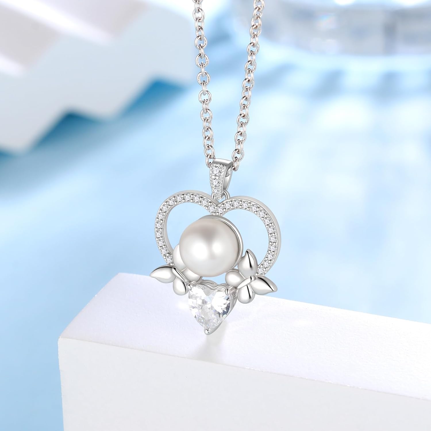 Jewmon Valentine Day Giftsf for Her Natural Freshwater Pearl Necklace for Women 925 Sterling Silver Butterfly Pendant Necklace Bow Cubic Zirconia Charm Elegant Pearl Wedding Bridal Jewelry for Her - Image 3
