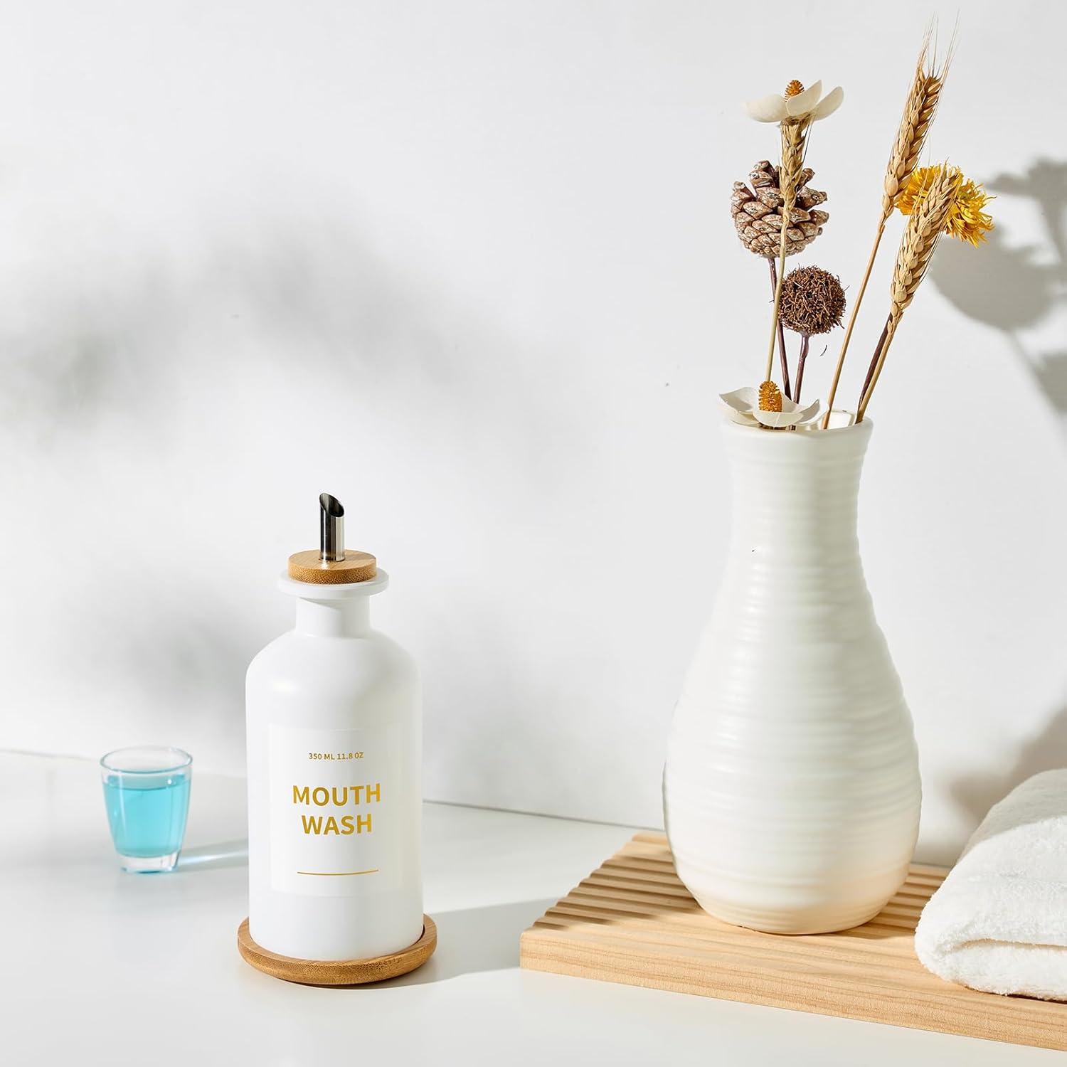 Glass Mouthwash Dispenser for Bathroom, 11.8oz Mouthwash Holder with Stianless Steel Spouts, Mouthwash Decanter with Bamboo Holder, Refillable Cups, Reusable Funnel, Golden Stickers - Image 2