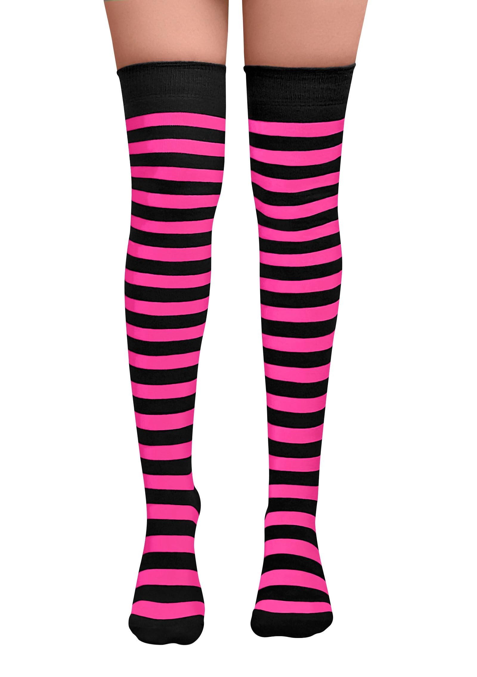 NuJake Girls Striped Over The Knee Socks Fancy Dress Up Themed Cosplay Christmas & Halloween UK Size 4-5.5 (Pink & Black)
