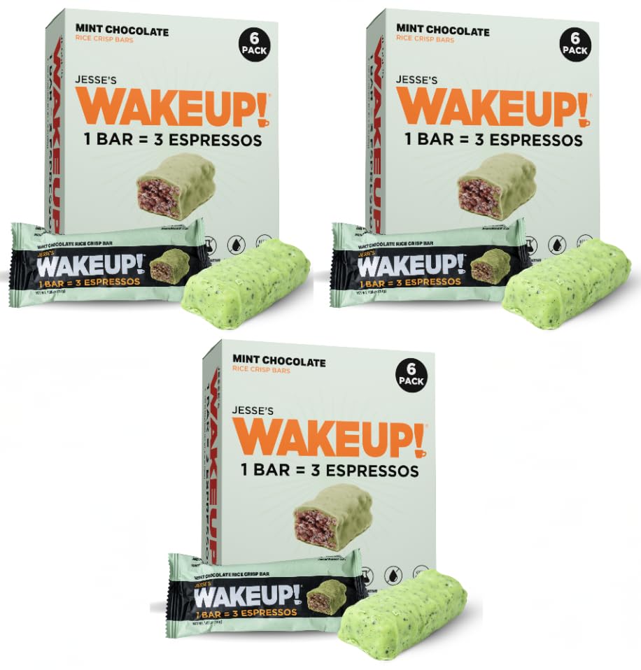 Image of WAKE UP! Mint Chocolate Caffeinated Protein Bars (1 Bar = 3 Espressos) 350mg Clean Caffeine for Energy, Focus & Happy Mornings, Kosher Ingredients, Vegetarian, Free Energy 3 Pack (18 Bars)