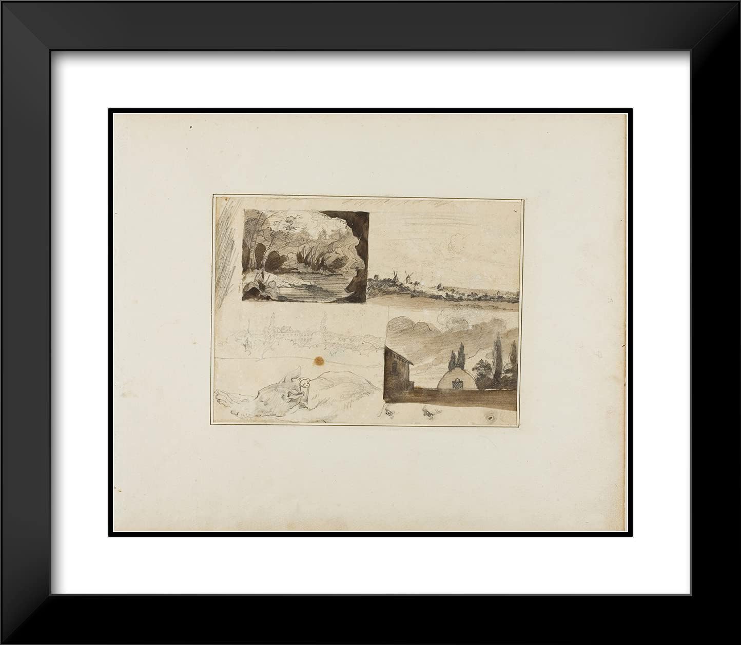 ArtDirect Theodore Gericault 23x20 Black Modern Framed and Double Matted Art Print Titled Sheet of Sketches: Four Landscapes and a Greyhound