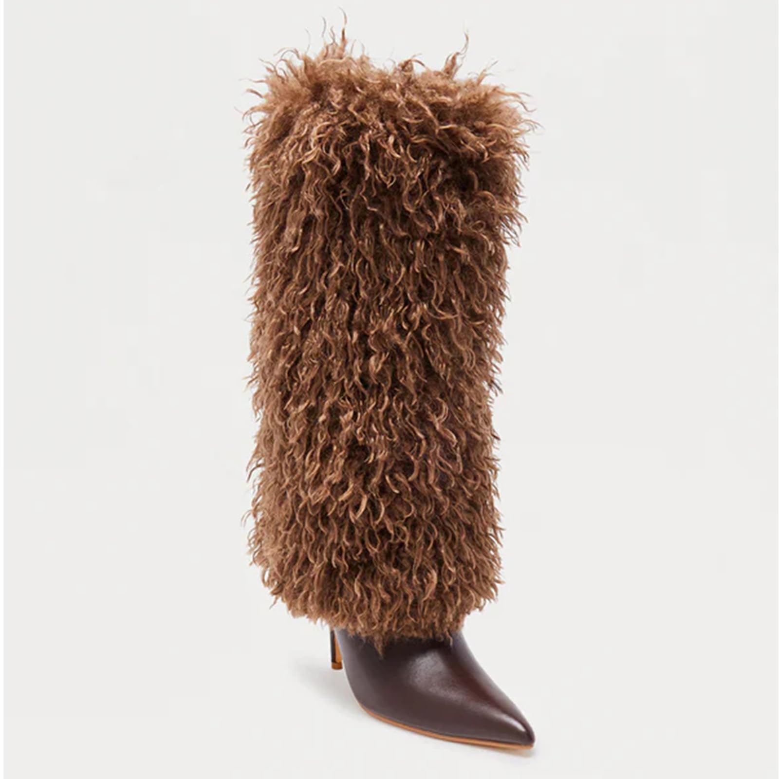 Fur Knee High Boots for Women Pointed Toe Stiletto Heel Fold Over Tall Boots Fashion Wide Calf Long Booties: 8 Chocolate