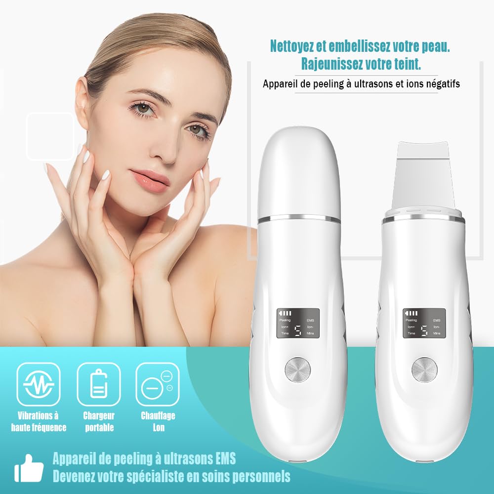 Pinkiou Épurateur de Peau, Blanc | Spatule Point Noir, 4 modes, Nettoyage en profondeur des pores, Grattoir portable, Station de Charge Type-C