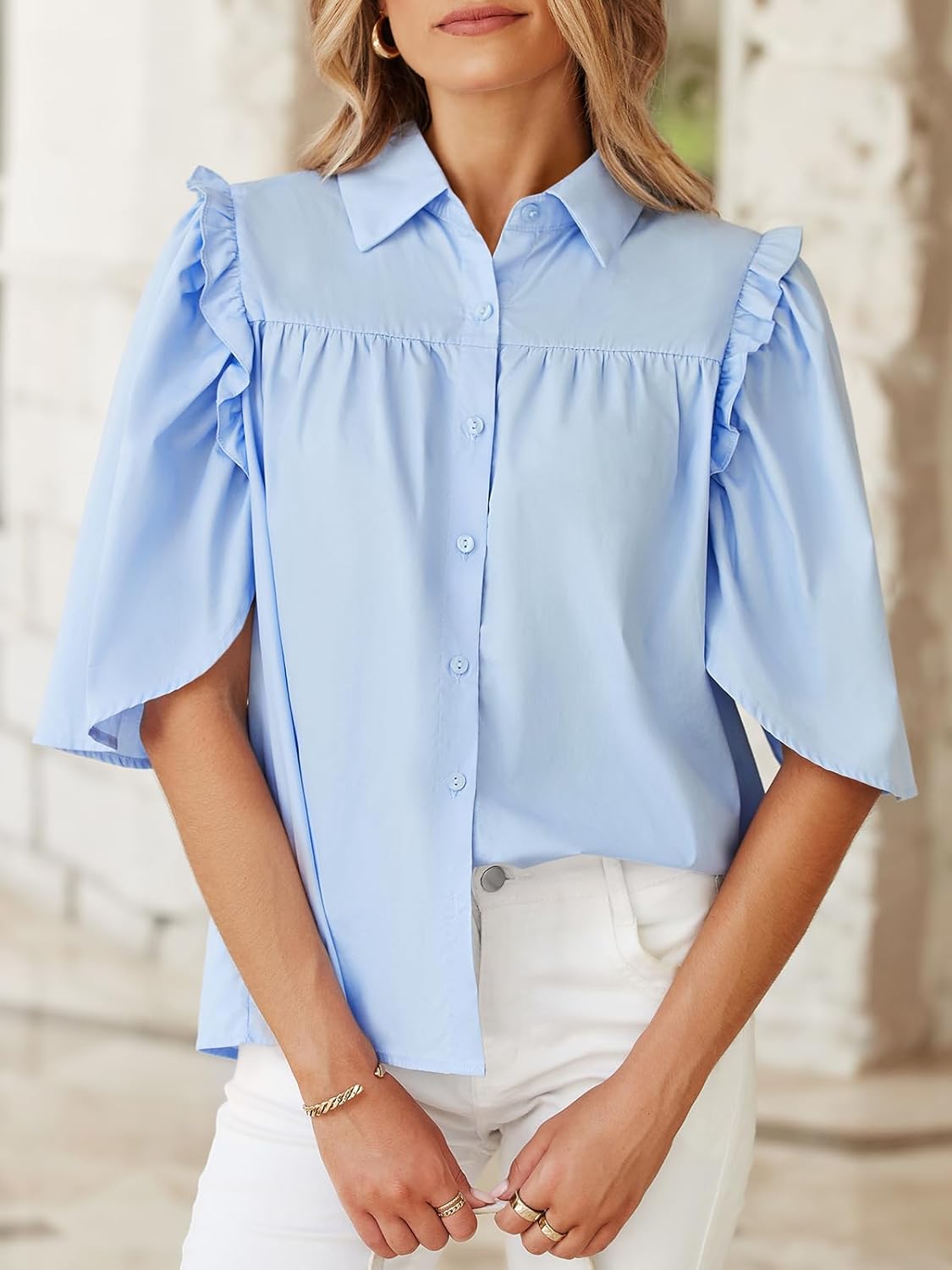 Cicy Bell Womens Summer Button Down Shirts Short Ruffle Puff Sleeve Cotton Blouses Dressy Casual Ladies Tops - Image 2