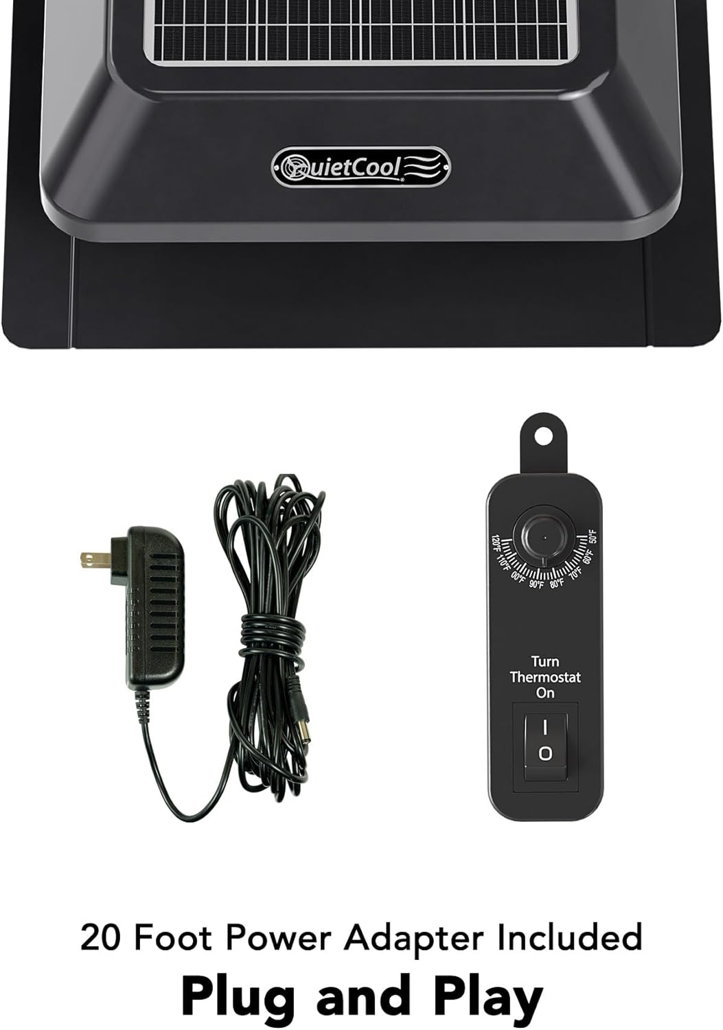 Quietcool AFR SLR-25 Roof Mount Solar Attic Fan - 25 Watt Panel - Included AC/DC Inverter for 24/7 Runtime - Plug-and-play - Adjustable Thermostat