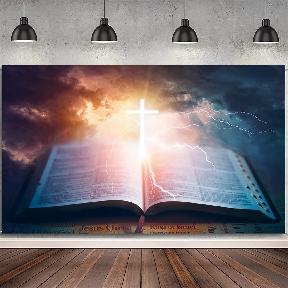 DORCEV 5x3ft Resurrection of Jesus Easter Backdrop Glowing Crucifix Backdrop Opened Bible Book Jesus Christ Cross God Bless Photography Background