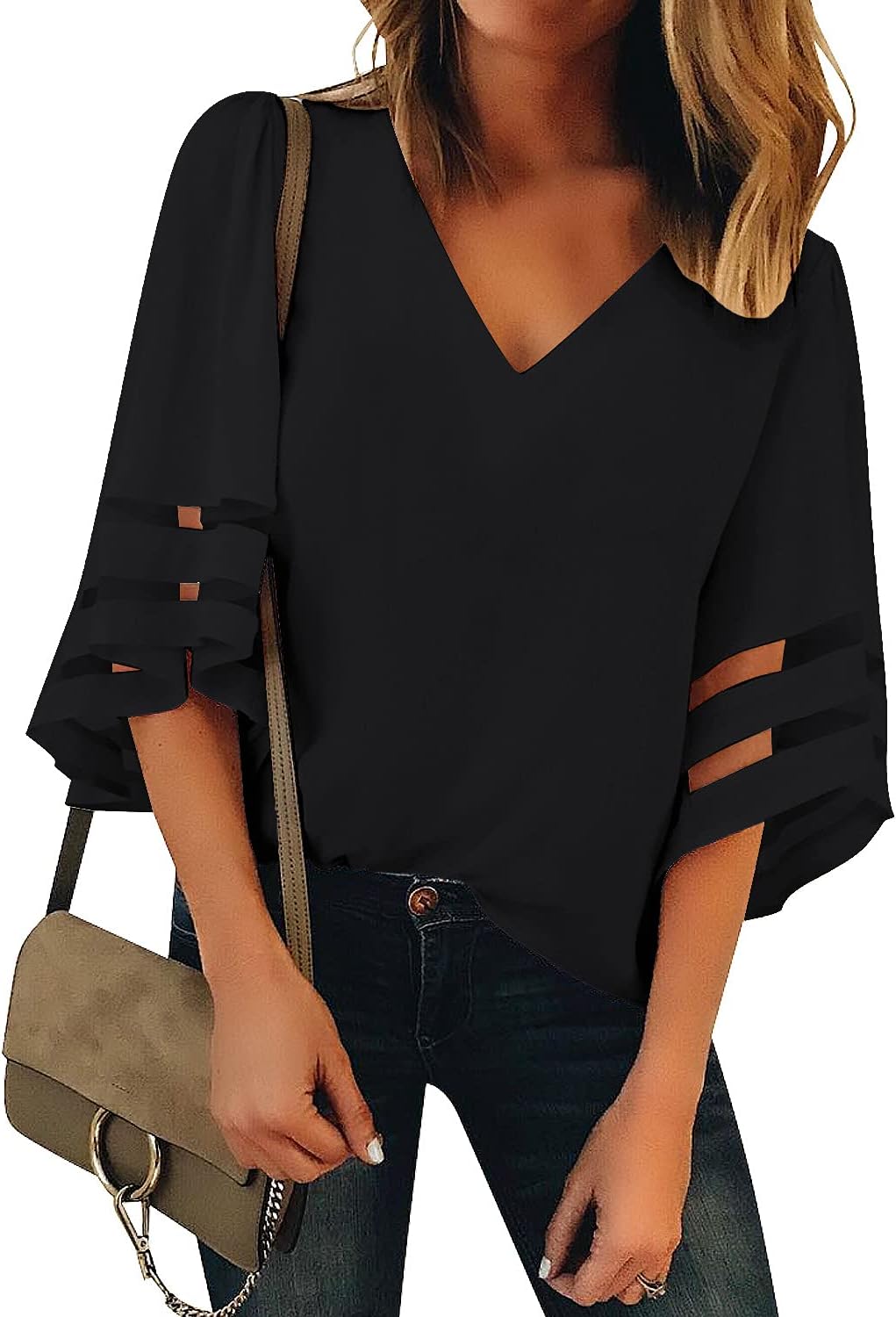 LookbookStoreWomen's V Neck Mesh Panel Blouse 3/4 Bell Sleeve Loose Top Shirt