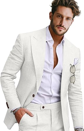 Linen Suit for Men 2 Piece Slim Fit White Lightweight Casual Vacation Retro Tuxedo Jacket Pants Set for Men Outfit M