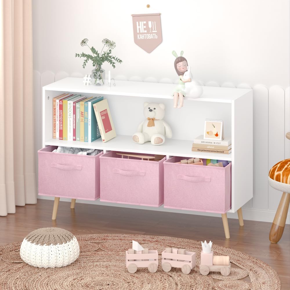 2-Tier Bookcase Bookshelf with Collapsible Fabric Drawers,Cute Book Display Storage Cabinet Organizer for Playroom Livingroom (White+Pink)