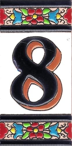 Número de Casa - Número para Casa, Cerámica Esmaltada, Técnica Española Pintada a Mano Cuerda Seca, Nombres y Direcciones, Modelo Flor 2.2 x 4.1 in