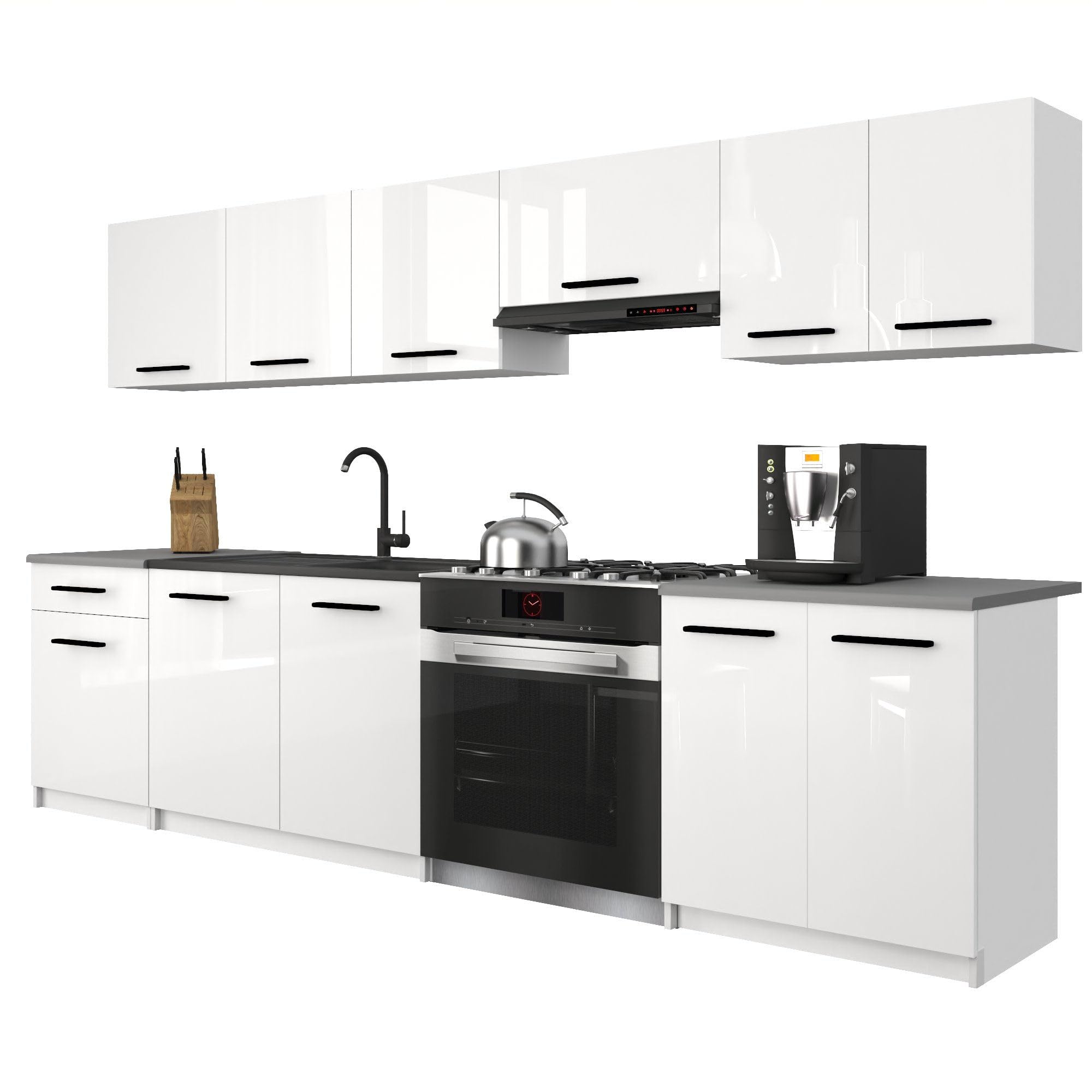 Belini Italia 2 Liniowa szafka kuchenna 240cm Biały Błyszczący | ECONATURA DECOR Liniowa szafka kuchenna, szafka, bez sprzętu AGD, z blatem roboczym