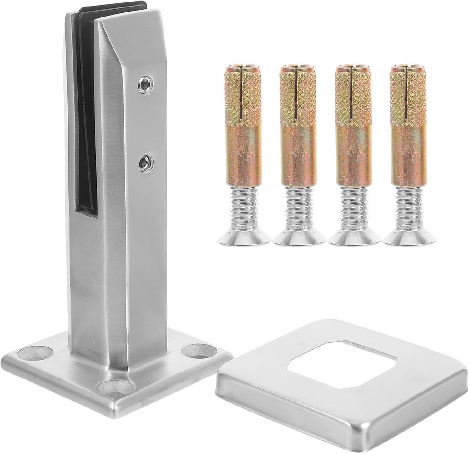 Mikikit 304 Stainless Steel Flat Back Glass Clamp with Cover and Screws, Heavy Duty Glass Shelf Bracket for Staircase Handrail, Platform Railing Mounting Hardware,