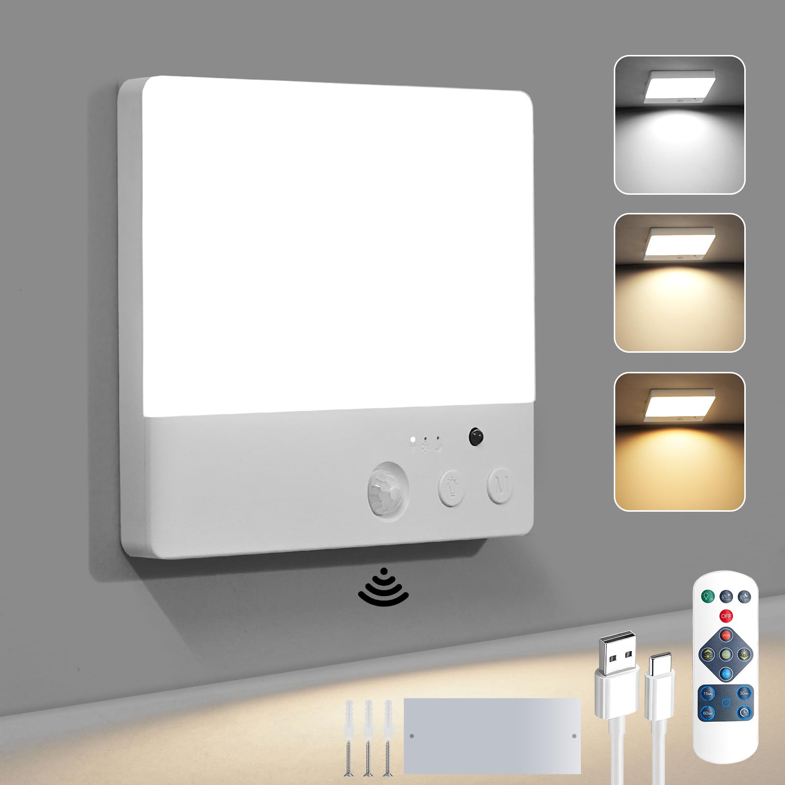 Kabellose Akku Deckenlampe mit Bewegungsmelder & Timer - Dimmbar & Fernbedienung, 3 Farbtemperaturen - Ideal für Flur & 