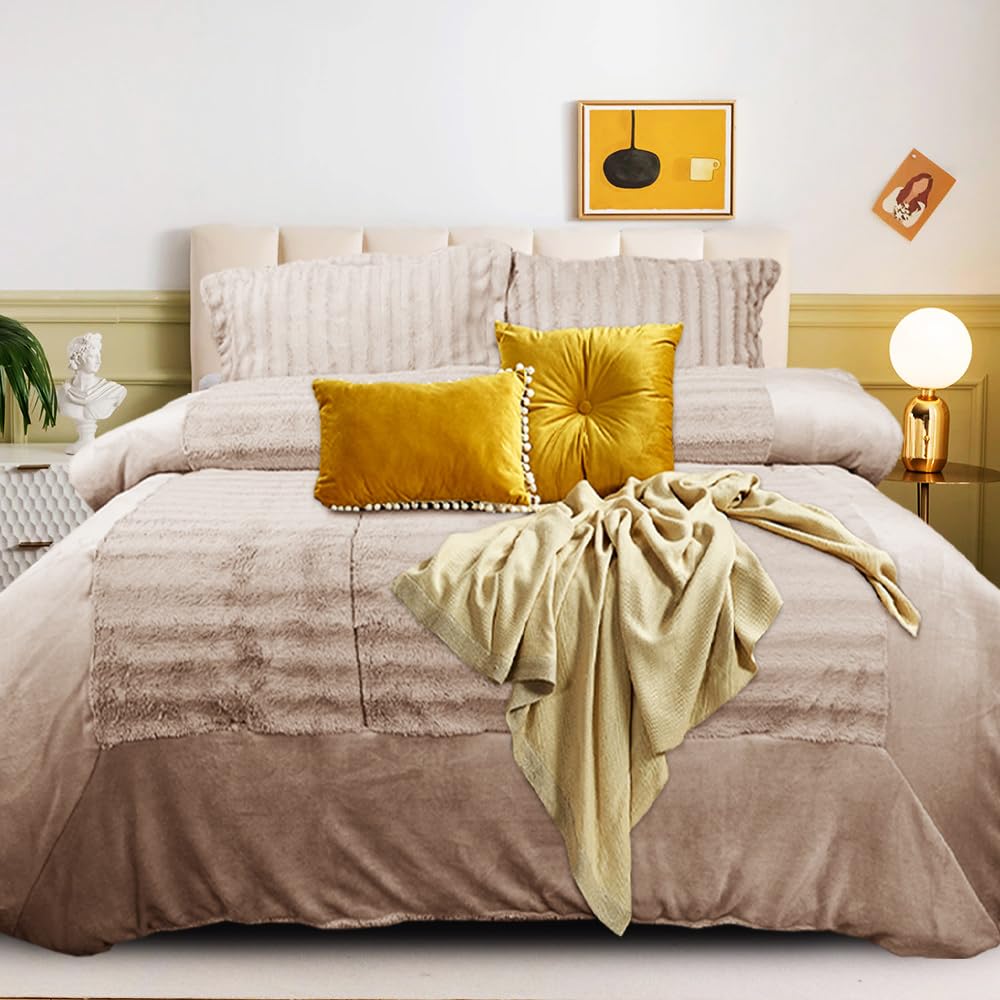 B&B Bedspread Bed Throw King Size Bed Blanket Sherpa Fleece Plush Warm Cozy Bedspread Coverlet Comforter Set - 3 Piece Bedding Sets with 2 Matching Pillow Shams - Beige Roma