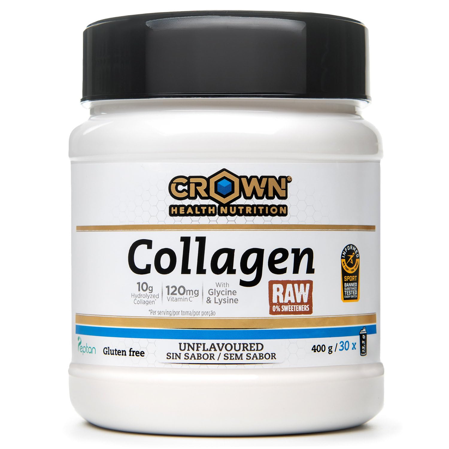 Crown Sport Nutrition Collagen RAW | Colágeno Hidrolizado Tipo I Peptan® + Glicina, Lisina y Vitamina C | Sabor Neutro | 400g | Certificado antidoping Informed-​Sport