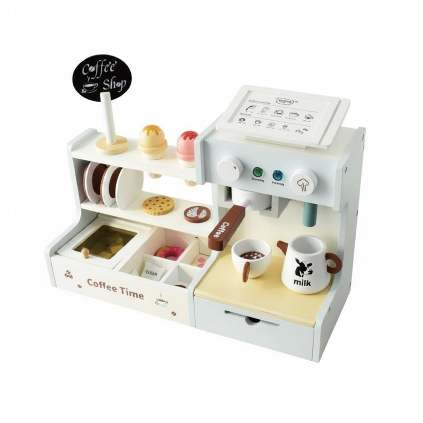 Harilla Set Caffetteria Giocattolo in Legno Macchina Caffè Accessori Servizio Carta Ordini Monete Finte Vernice a Base d'Acqua Adatto a Bambini Casa Scuola Apprendimento Creativo