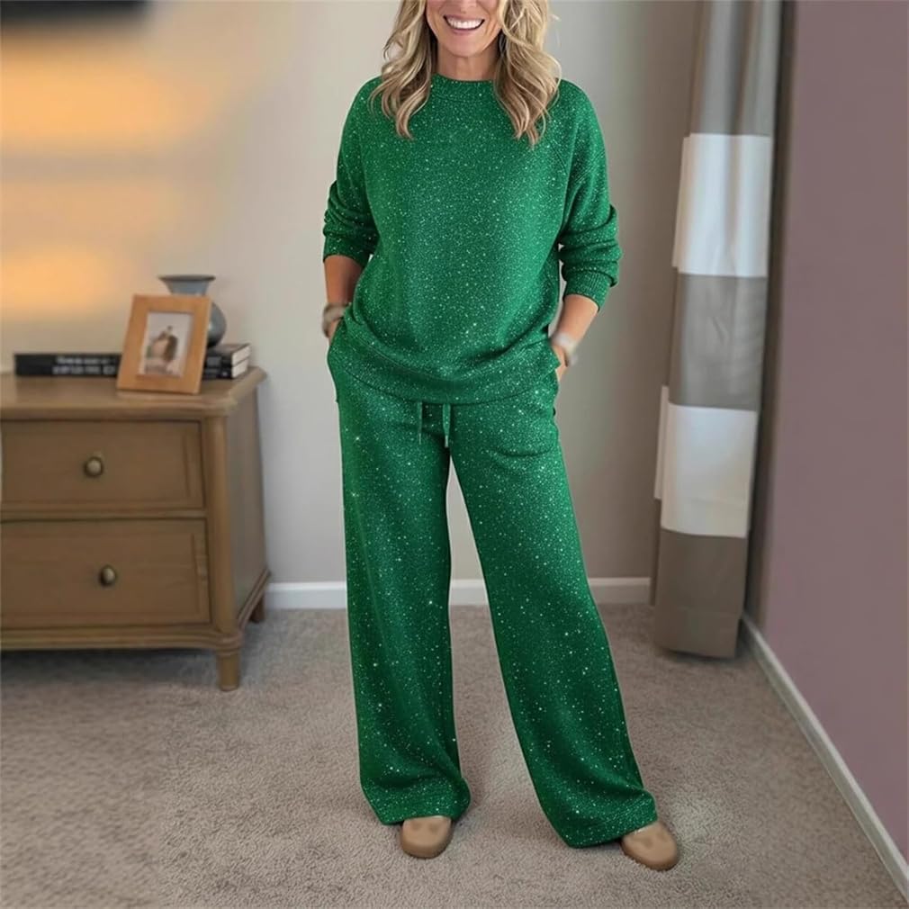 Cozy Travel Crew Neck Shiny Sweatshirt and Pant 2 Piece Sets, Casual Holiday Home Sleepwear Set And Tracksuit