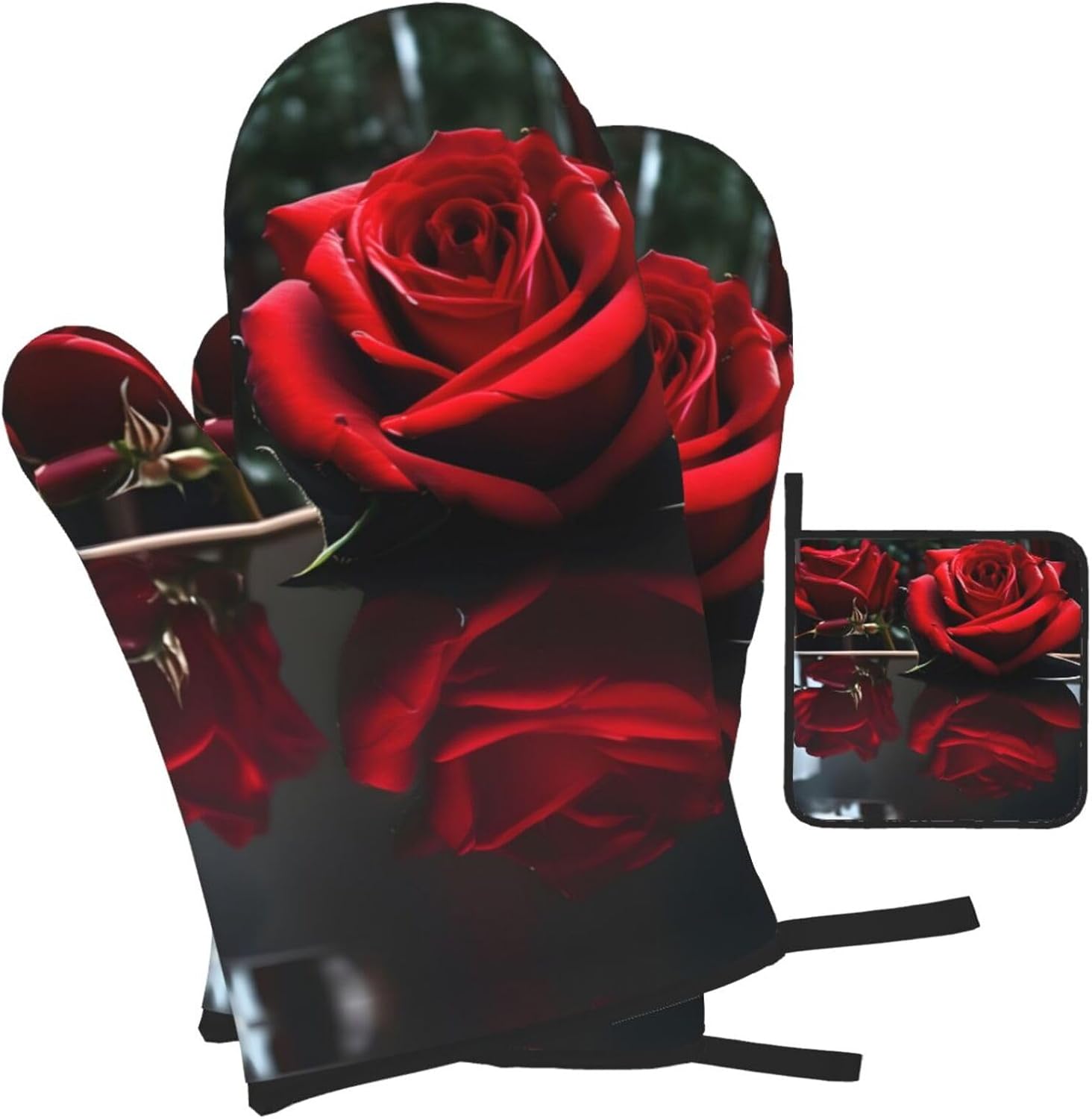 Red Mirror Rose Print Heat Resistant Microwave Gloves, Used for Baking, Cooking, and Fashion Kitchen Essentials