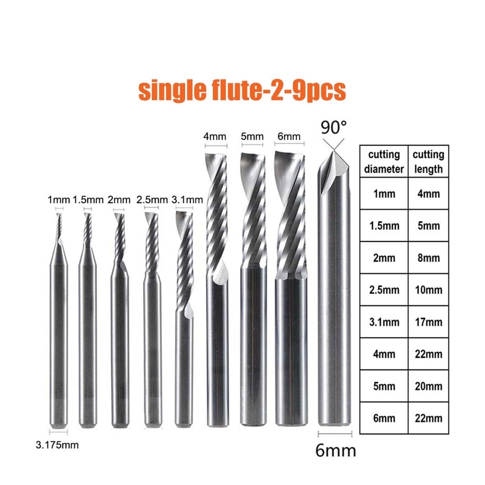 Schaftfräser CNC-Vollhartmetall-Gravurbohrer-Fräser-Set, 3,175 mm, 4 mm, 5 mm, 6 mm Schaftfräser for Gravieren(Single flute-2-9pcs)