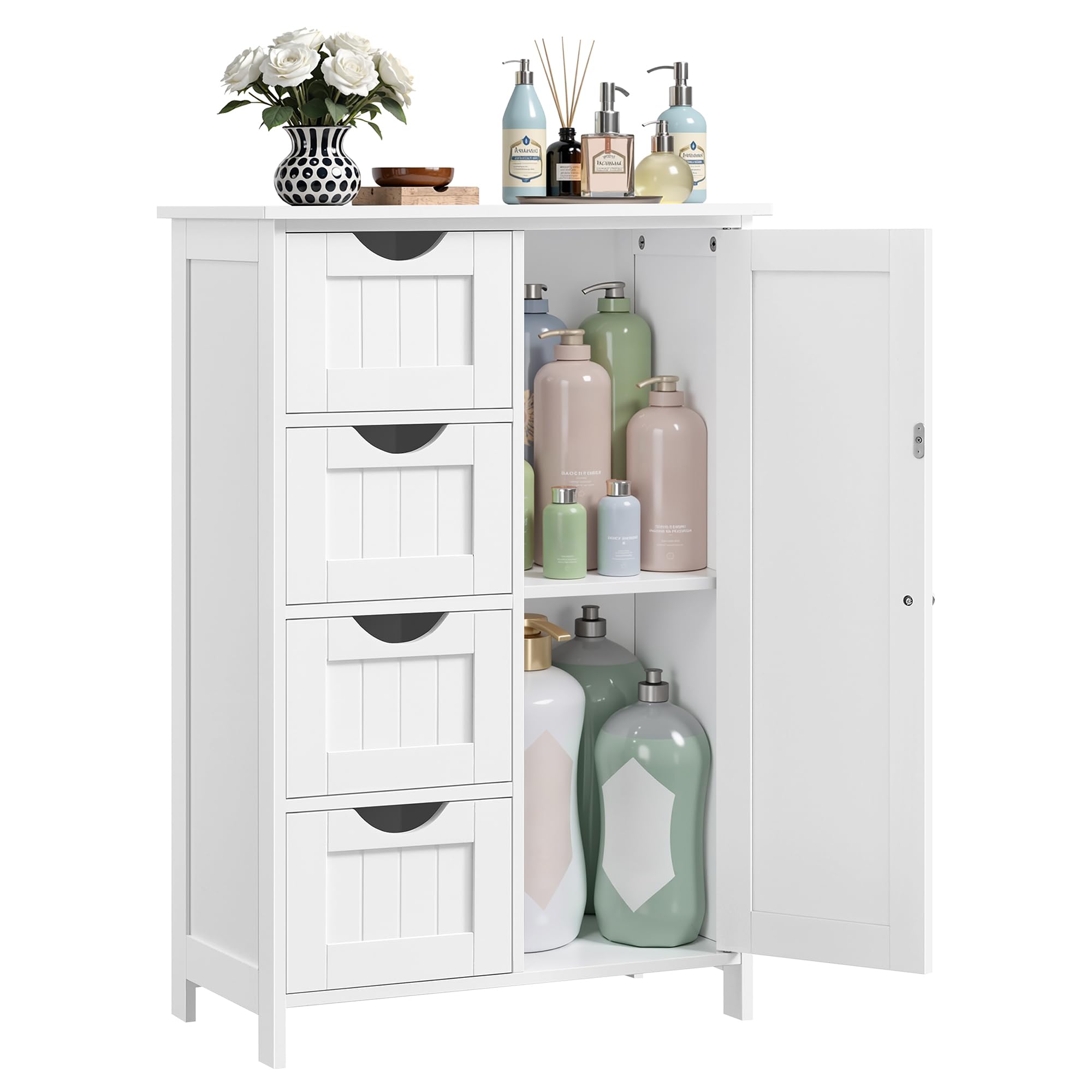 VASAGLE Bathroom Floor Storage Cabinet, Wooden Storage Unit with 4 Drawers, Single Door, Adjustable Shelf, for Living Room, Kitchen, Entryway, White LHC41WThe Forest Stewardship Council