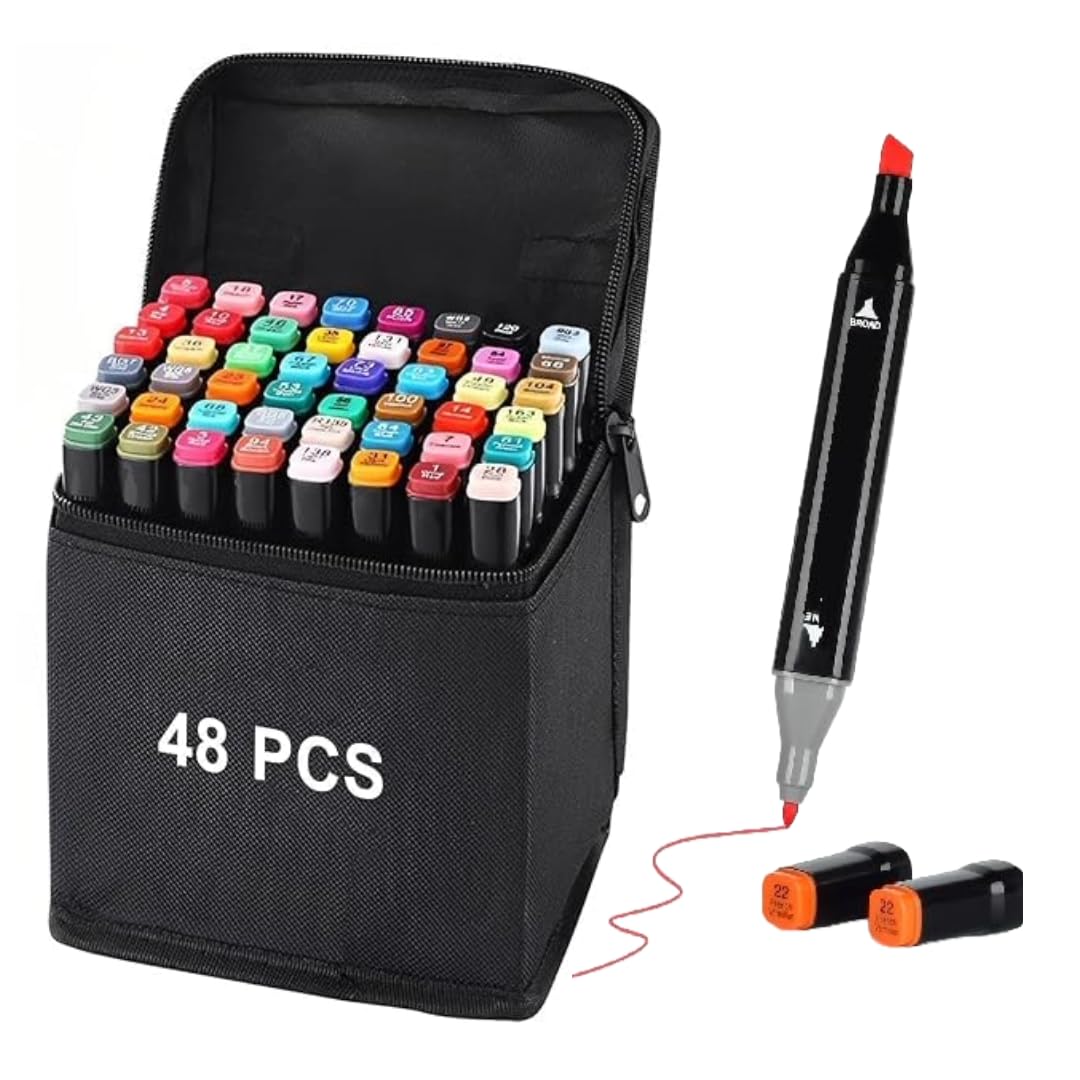 Corslet 48 Pcs Alcohol Markers Set with Fine and Broad Tip, Alcoholic Markers Colour Set, Dual Tip Alcohol Marker Pens for Smooth Blending, Markers for Drawing, Sketching & Coloring