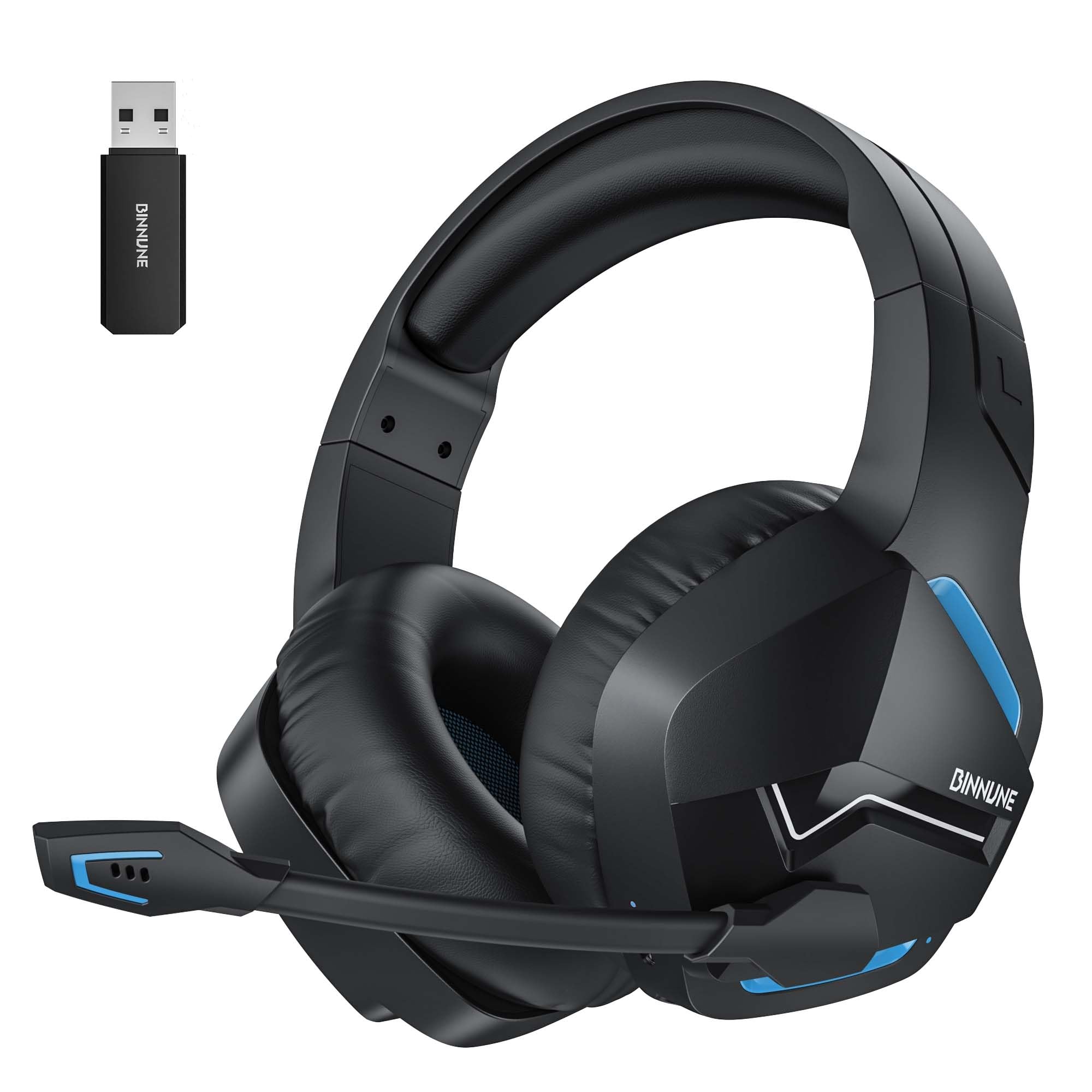 BINNUNEWireless Gaming Headset with 2.4GHz for PS5, PS4, PC, Switch, FPS Gamers, 120Hrs+ Bluetooth 5.3 Gaming Headsets with Noise Canceling Mic, 50MM Headphones for Laptop, Mobile, Mac