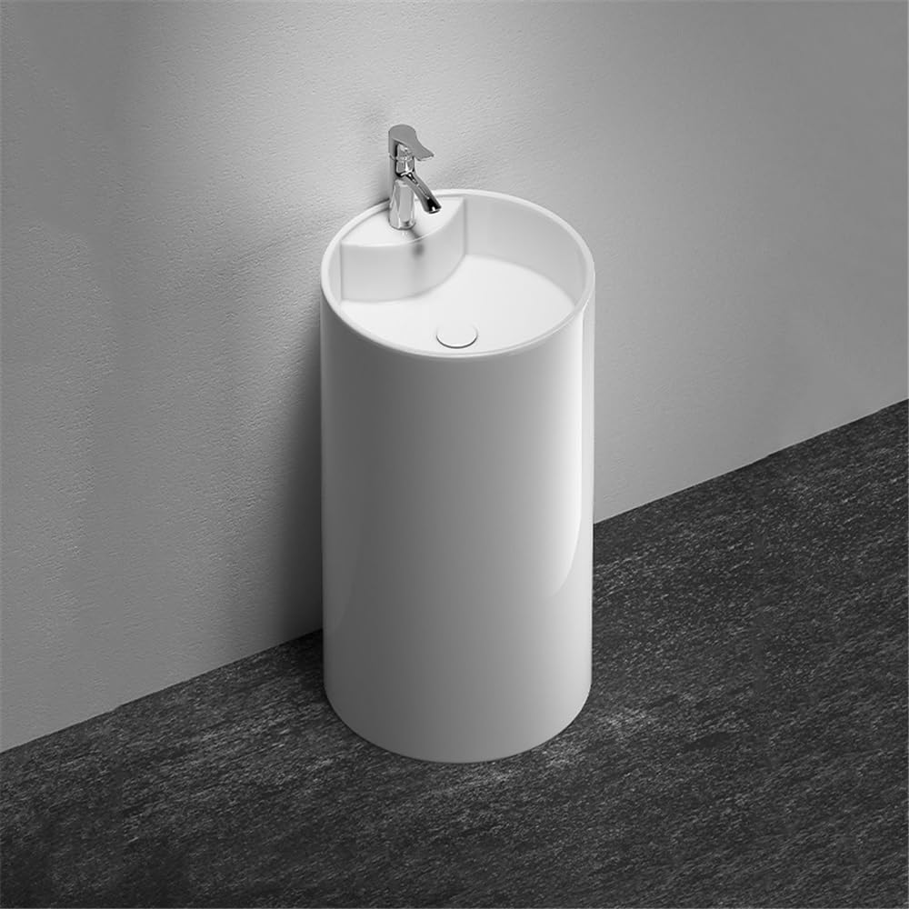 Nowoczesny ceramiczny zlew na cokół z kranem i zestawem odpływowym – stylowa jednoczęściowa umywalka łazienkowa oszczędzająca miejsce konstrukcja łatwa w instalacji idealna do remontu domu