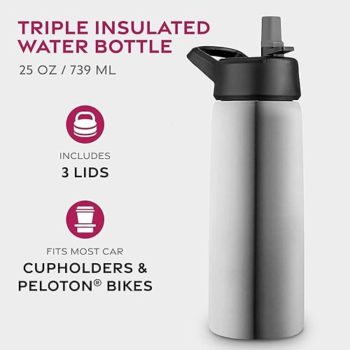 Miniatura 2 de Botellas de agua de acero inoxidable con triple aislamiento con pajilla, botellas de agua reutilizables aisladas de 25 onzas con 3 tapas, botella de