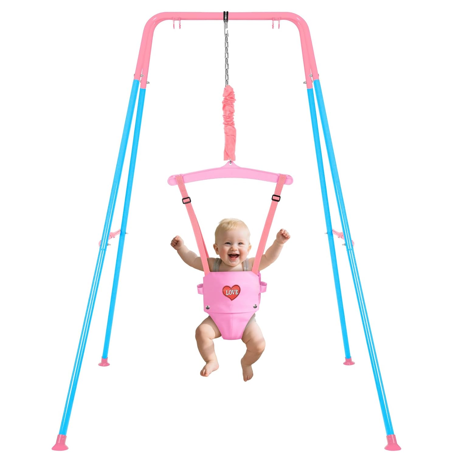 Baby Jumper with Stand, Infant Jumper with Adjustment Strap, Indoor/Outdoor Toddler Swing Set, Baby Jumpers and Bouncers for Boys Girls 6-24 Months, Easy to Assemble & Store (BluePink)