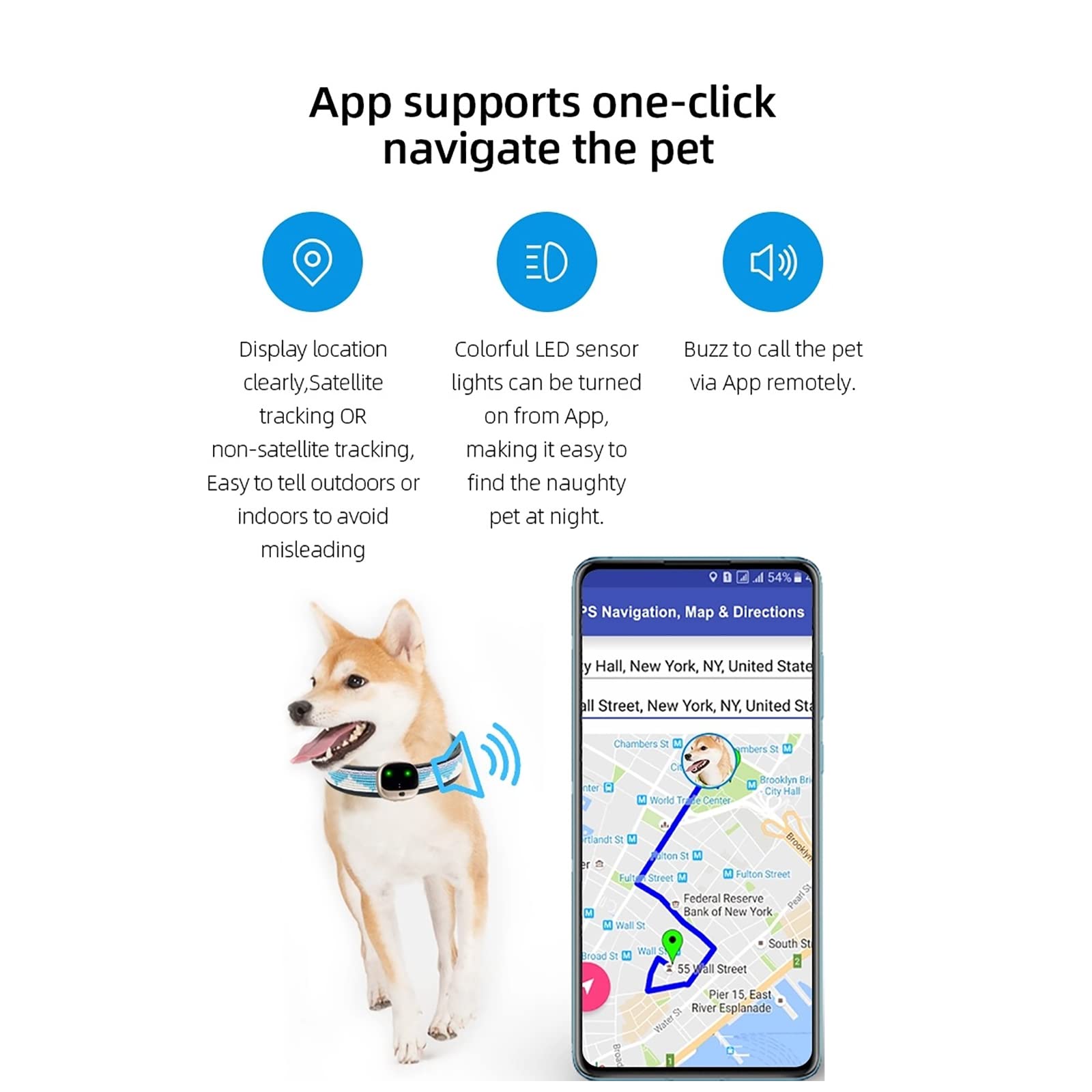 Collier GPS pour chien - Clôture sans fil rechargeable pour animaux de compagnie, dispositif anti-perte avec 3 modes de suivi et alarme de batterie faible pour Corgi, Shiba Inu, Samoyède