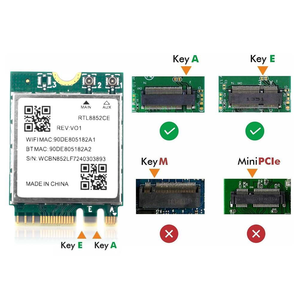 RTL8852CE Carte Wi-Fi 6E, 5374 Mbps Tri-Band 6 GHz/5 GHz/2,4 GHz M.2 NGFF Adaptateur avec Bluetooth 5.3 pour ordinateur portable PC Windows 10/11
