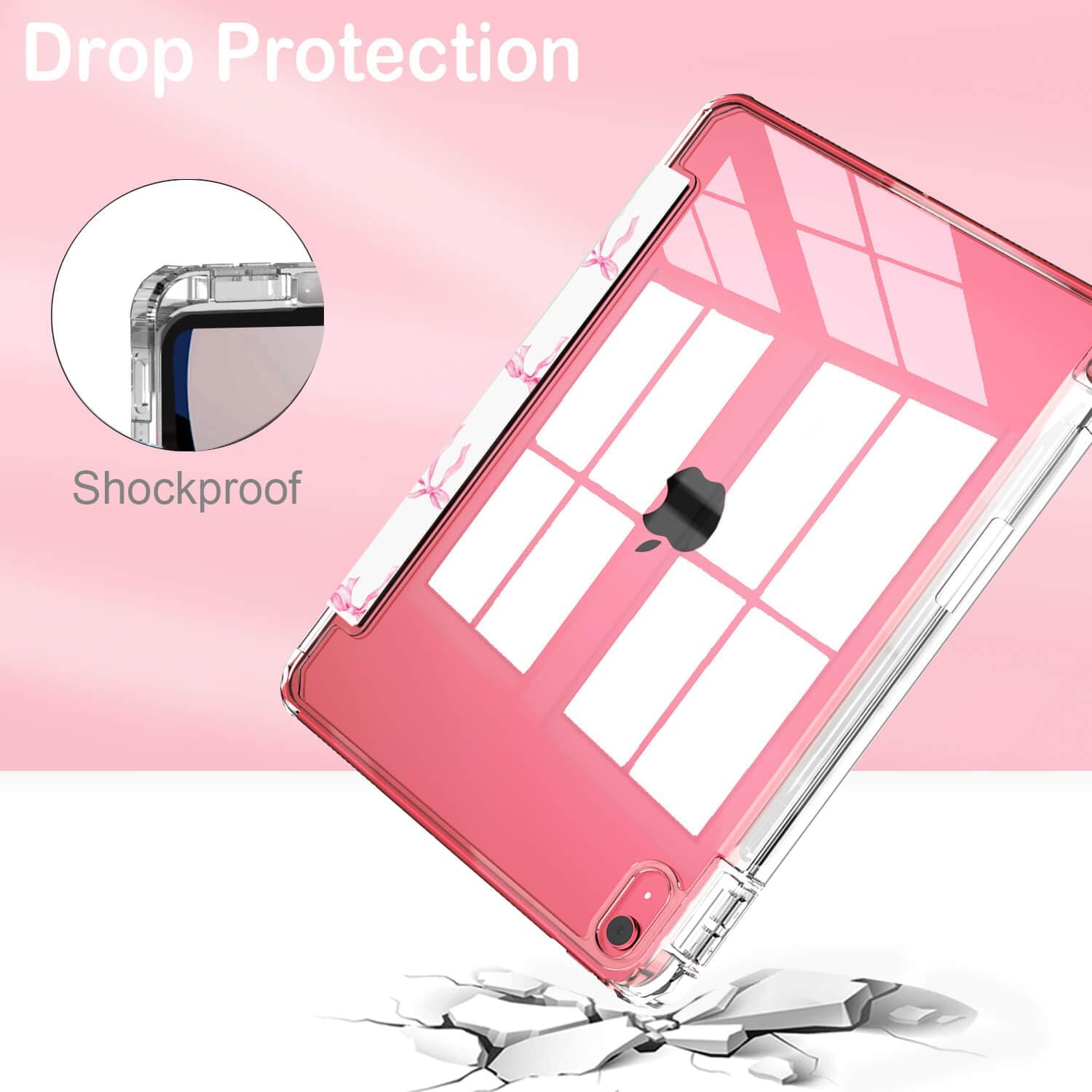 Feams for iPad (A16) 11th Generation 11 Inch Case 2025, iPad 10th Generation 10.9 Inch 2022, Slim Clear Back Cover with Pencil Holder & Auto Sleep, Pink Bow