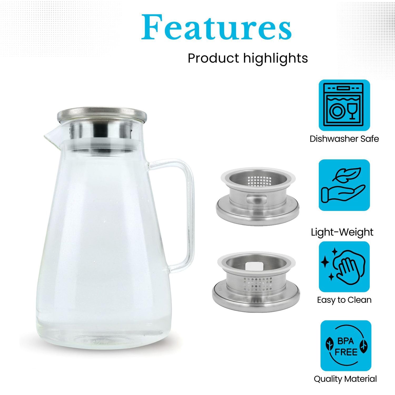 Intirilife 1,5l Caraffa in CHIARO - Brocca con coperchio in vetro borosilicato con manico e filtro estraibile adatta per bevande calde e fredde - acqua caffè ghiaccio tè ecc.