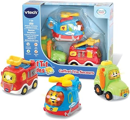 VTech - Tut Tut Bolides, Coffret Trio Secours, 3 Voitures Interactives, Camion de Pompiers, Tracteur et Hélicoptère, Jouet Musical et Sonore, Cadeau Enfant de 1 an à 5 Ans - Contenu en Français