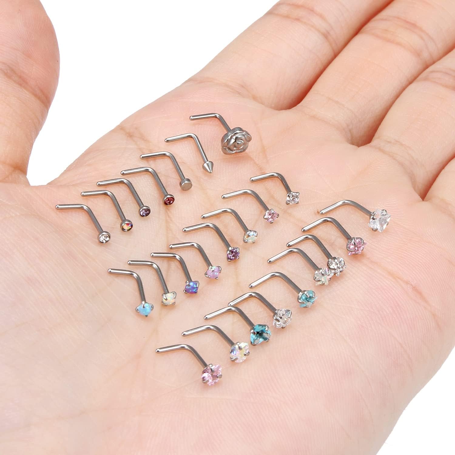 20G 18G 16G Cubic Zirconia Nose Rings Studs 316L Surgical Steel Hypoallergenic Nose Piercings Jewelry for Women Men CZ 2mm-3mm 24 Pcs