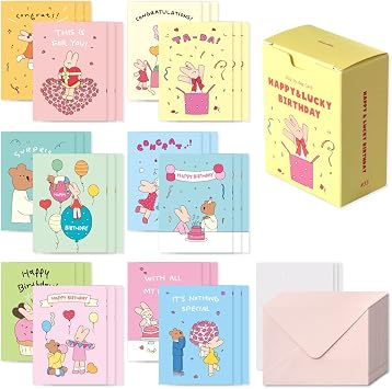 Monolike Day-by-day Card, Happy and Lucky Birthday - Mix 36 Mini Single cards, 36 envelopes, 36 stickers Package