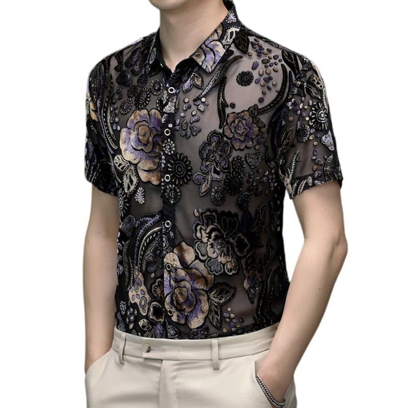 Chemise en crochet homme mince et respirante avec col rabattable tendance